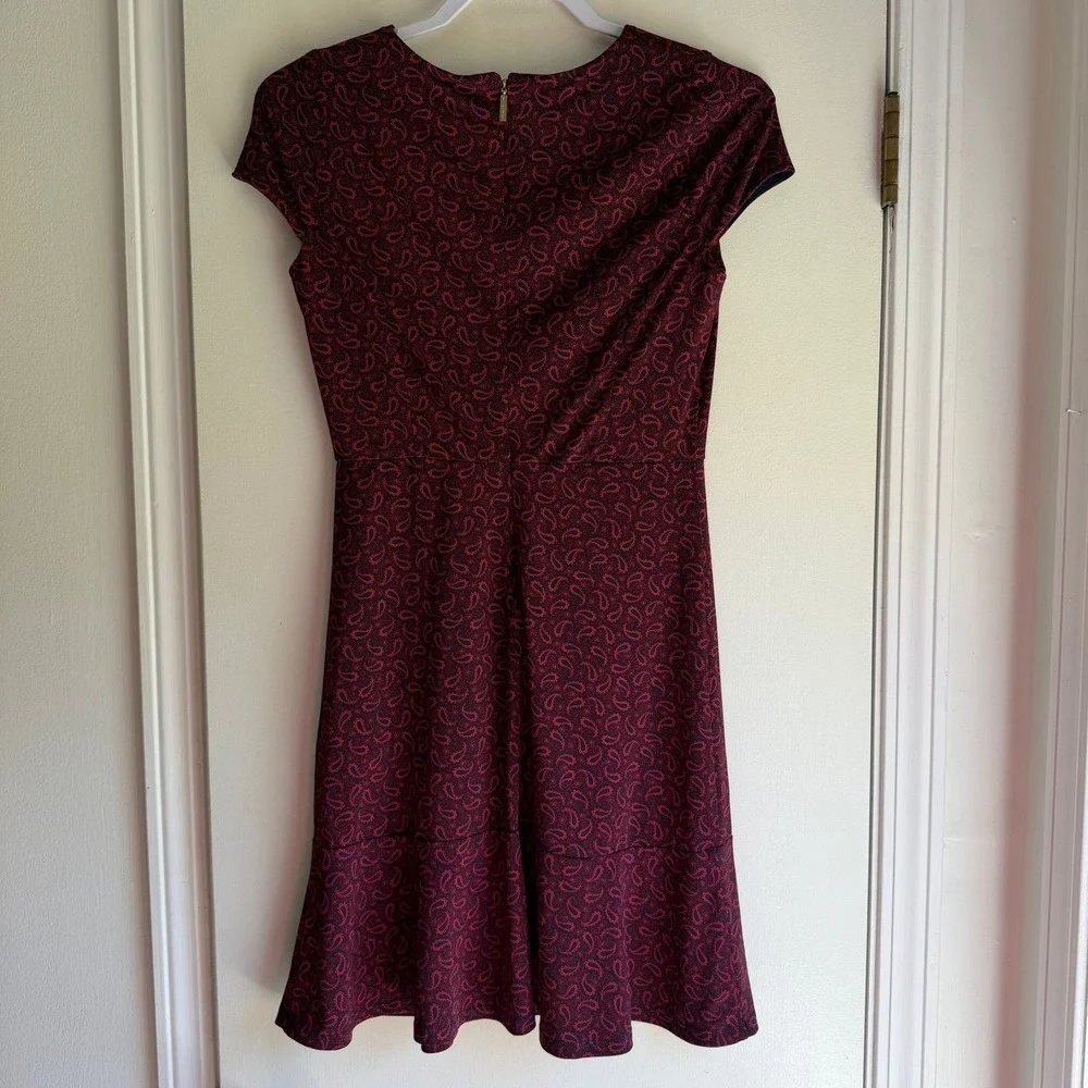 Michael Kors Burgundy Navy Paisley Fit and Flare Ruffle Hem Dress XS
